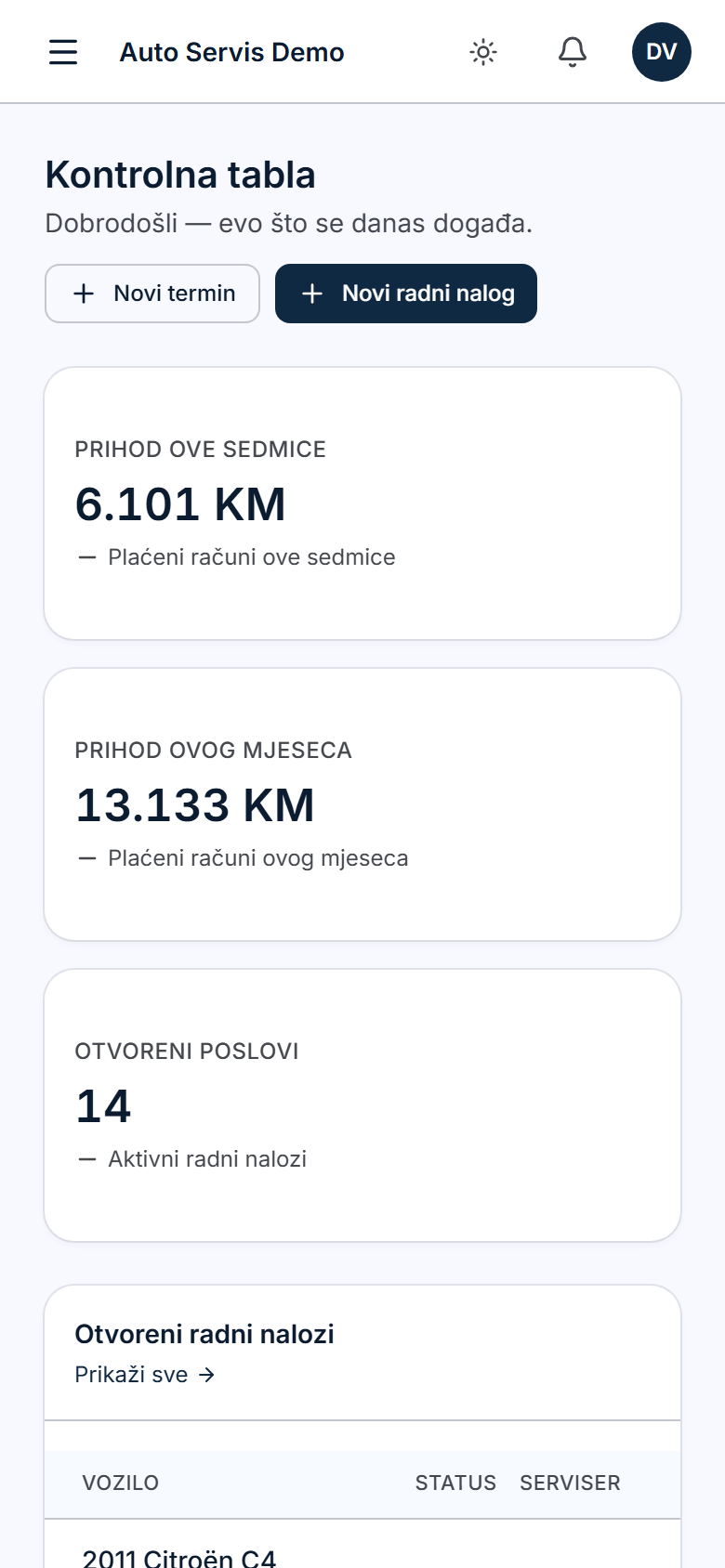 MechOS kontrolna tabla na telefonu
