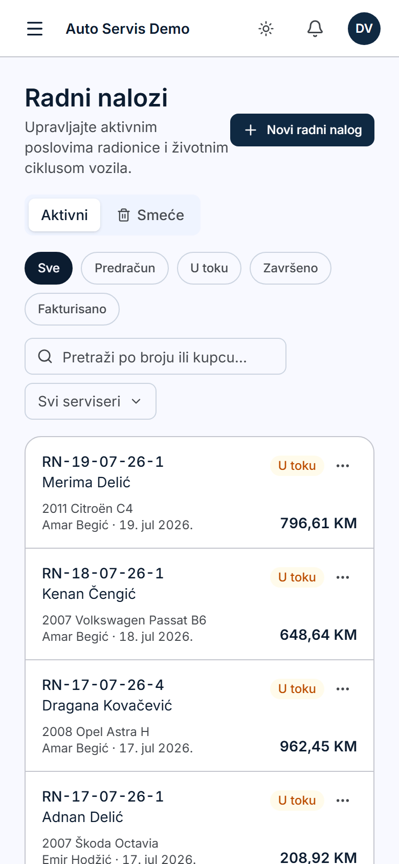Popis radnih naloga na telefonu